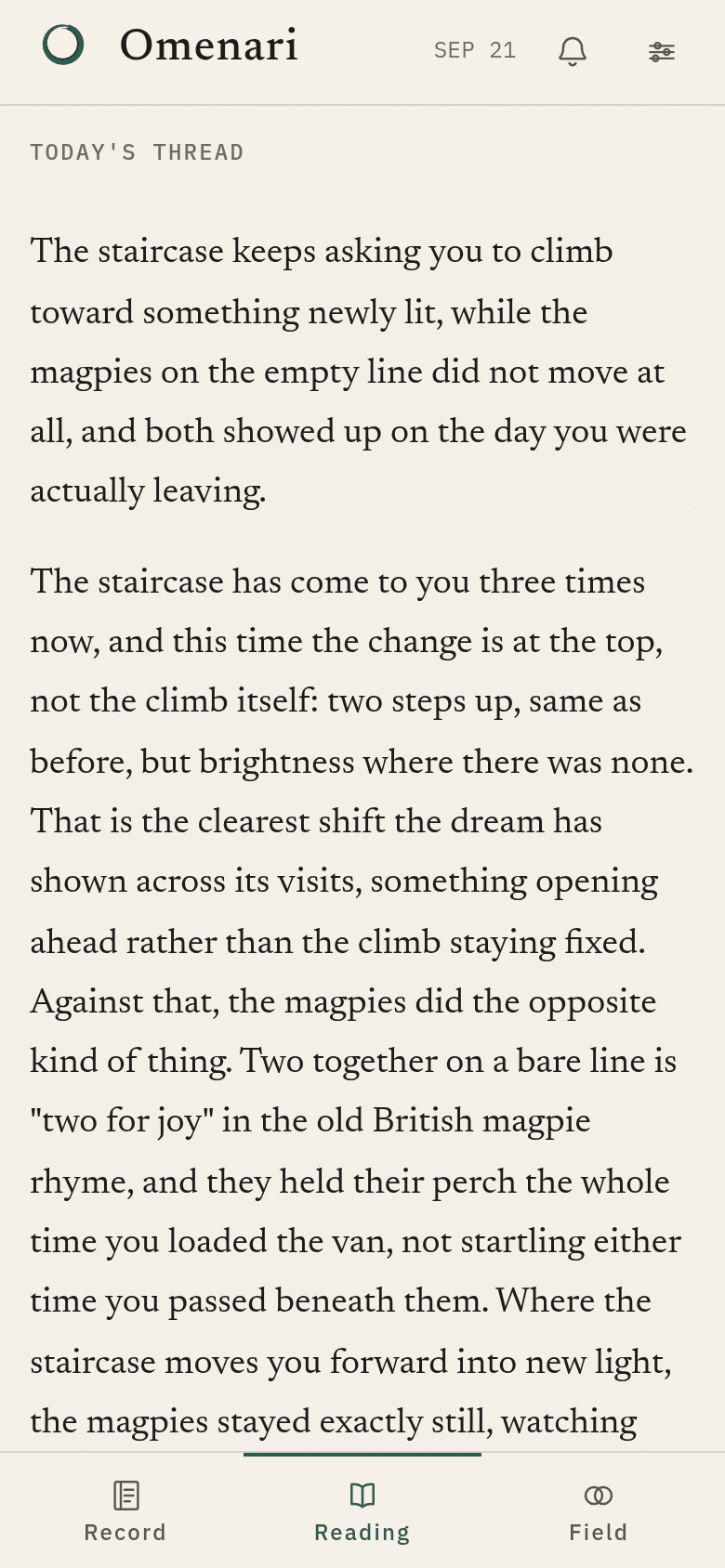 Today’s thread in Omenari: a passage of serif prose set directly on the page, with nothing around it.