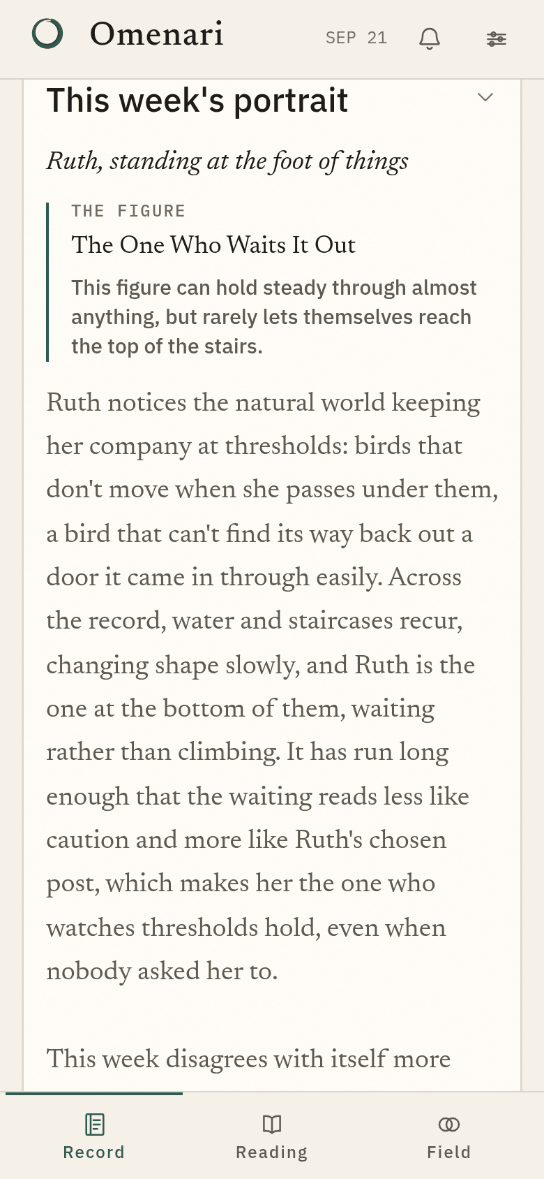 The Sunday Portrait in Omenari: a short card of serif prose describing the person.