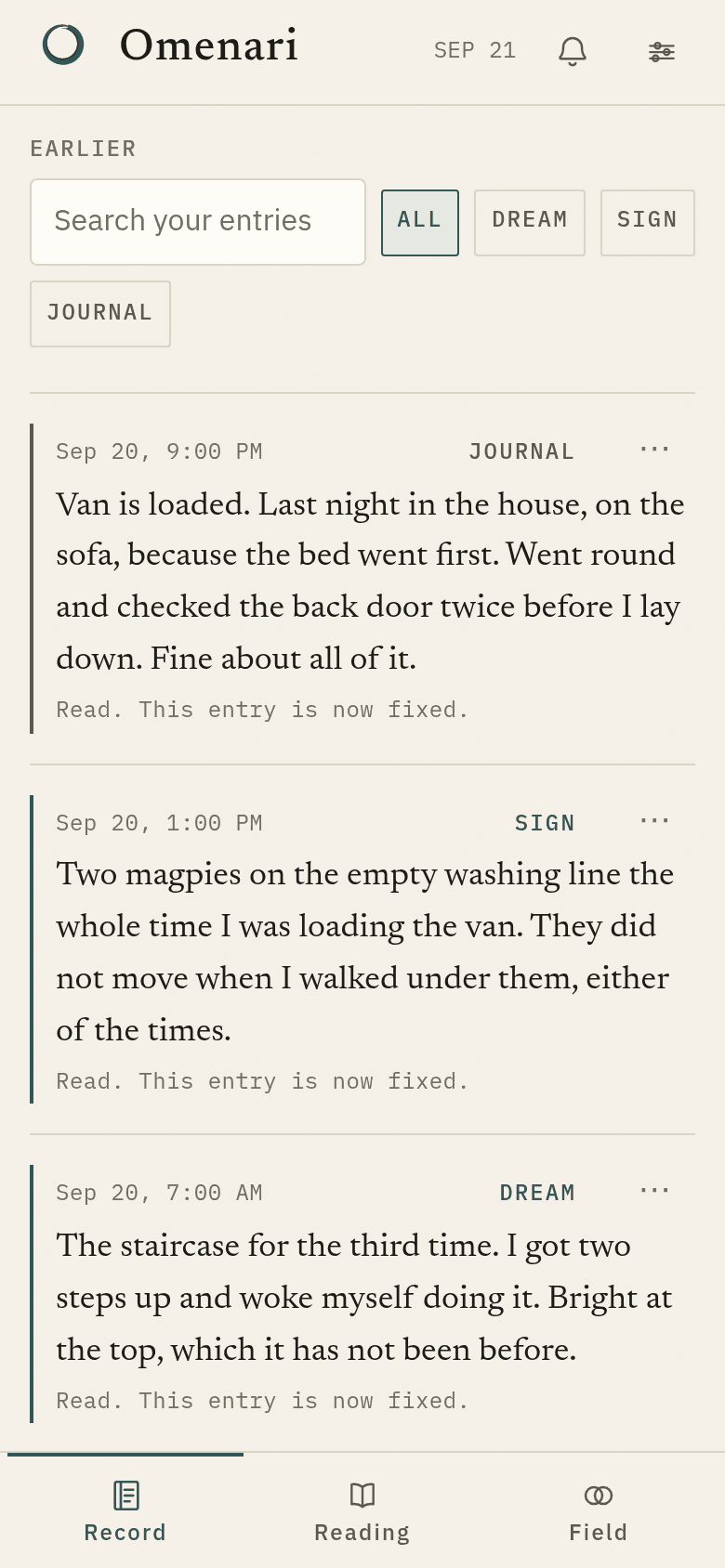 The Record in Omenari: this week’s portrait, a search field with kind filters, and past entries.